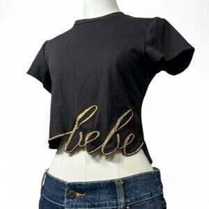 Bebe Black Cropped Logo Tee – Medium